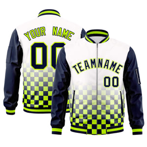 Custom White Navy-Neon Green Grid Varsity Full-Zip Color Block Letterman Raglan Sleeve Jacket