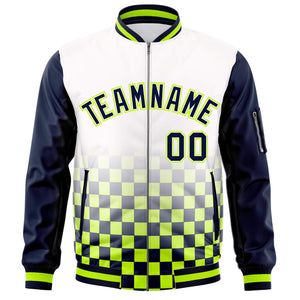 Custom White Navy-Neon Green Grid Varsity Full-Zip Color Block Letterman Raglan Sleeve Jacket