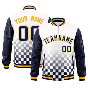 Custom White Navy-Gold Grid Varsity Full-Zip Color Block Letterman Raglan Sleeve Jacket