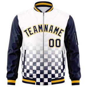 Custom White Navy-Gold Grid Varsity Full-Zip Color Block Letterman Raglan Sleeve Jacket