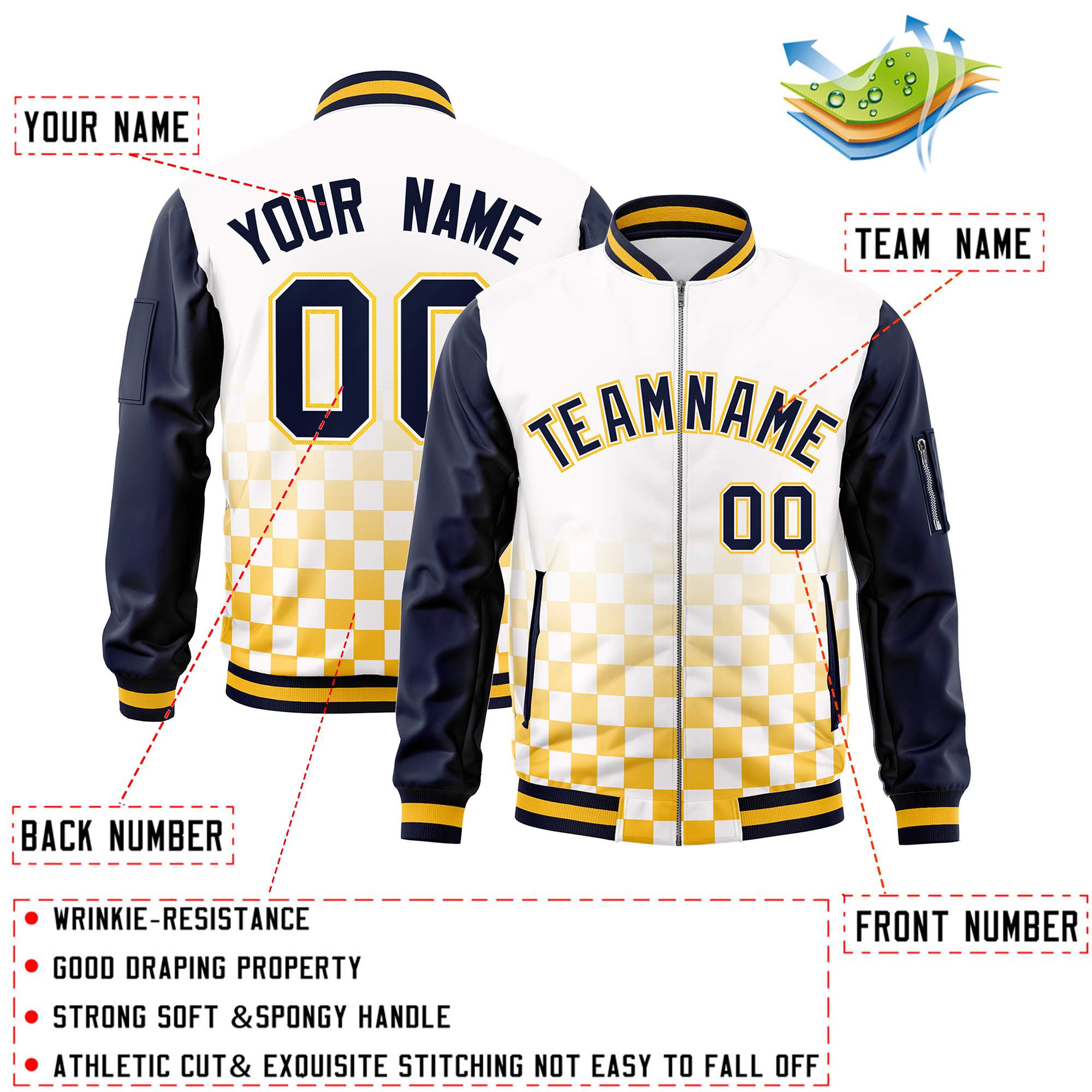 Custom White Navy-Gold Grid Varsity Full-Zip Color Block Letterman Raglan Sleeve Jacket