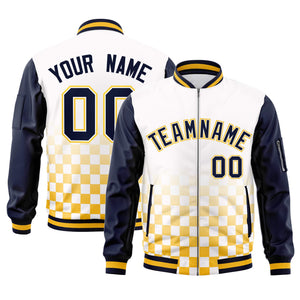 Custom White Navy-Gold Grid Varsity Full-Zip Color Block Letterman Raglan Sleeve Jacket