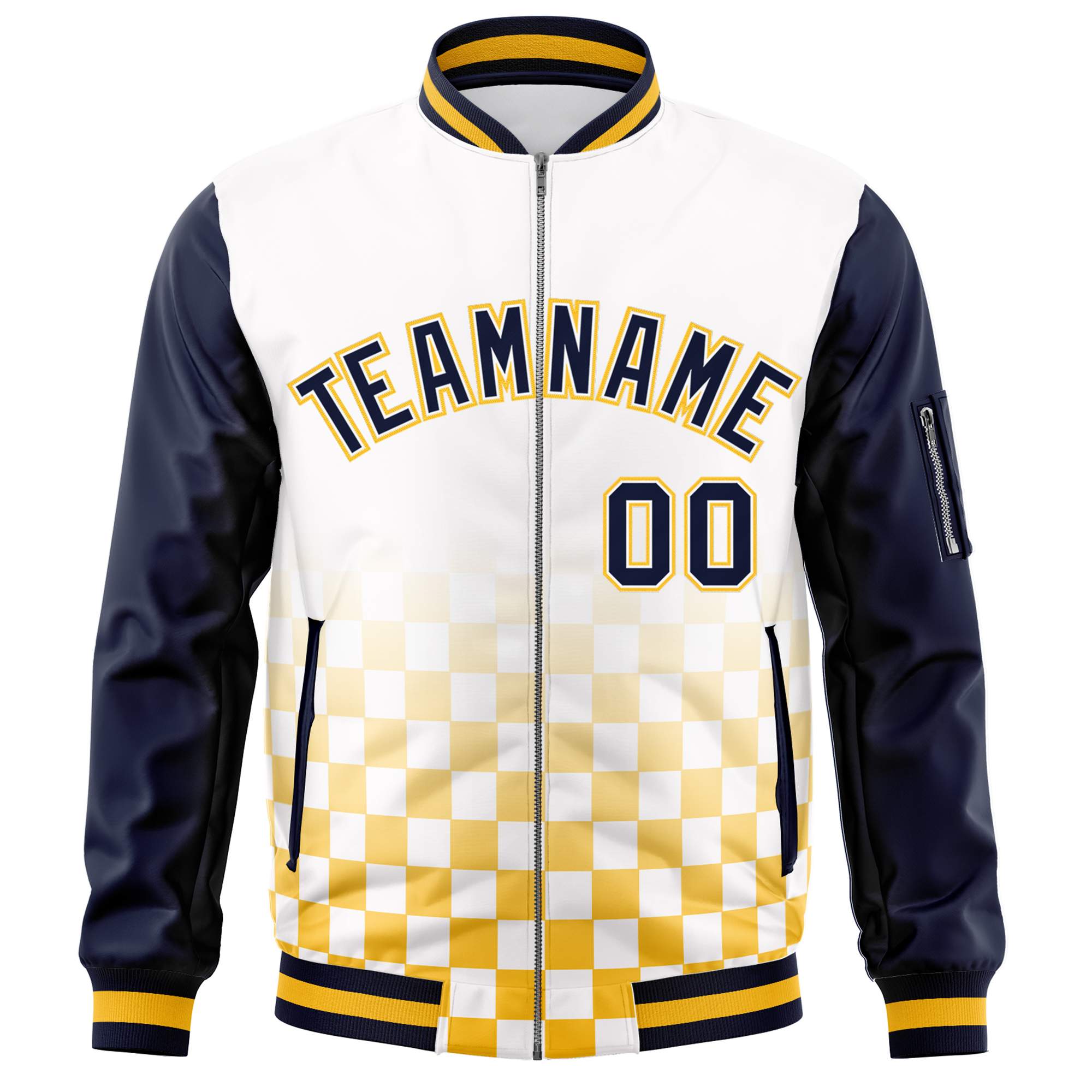 Custom White Navy-Gold Grid Varsity Full-Zip Color Block Letterman Raglan Sleeve Jacket