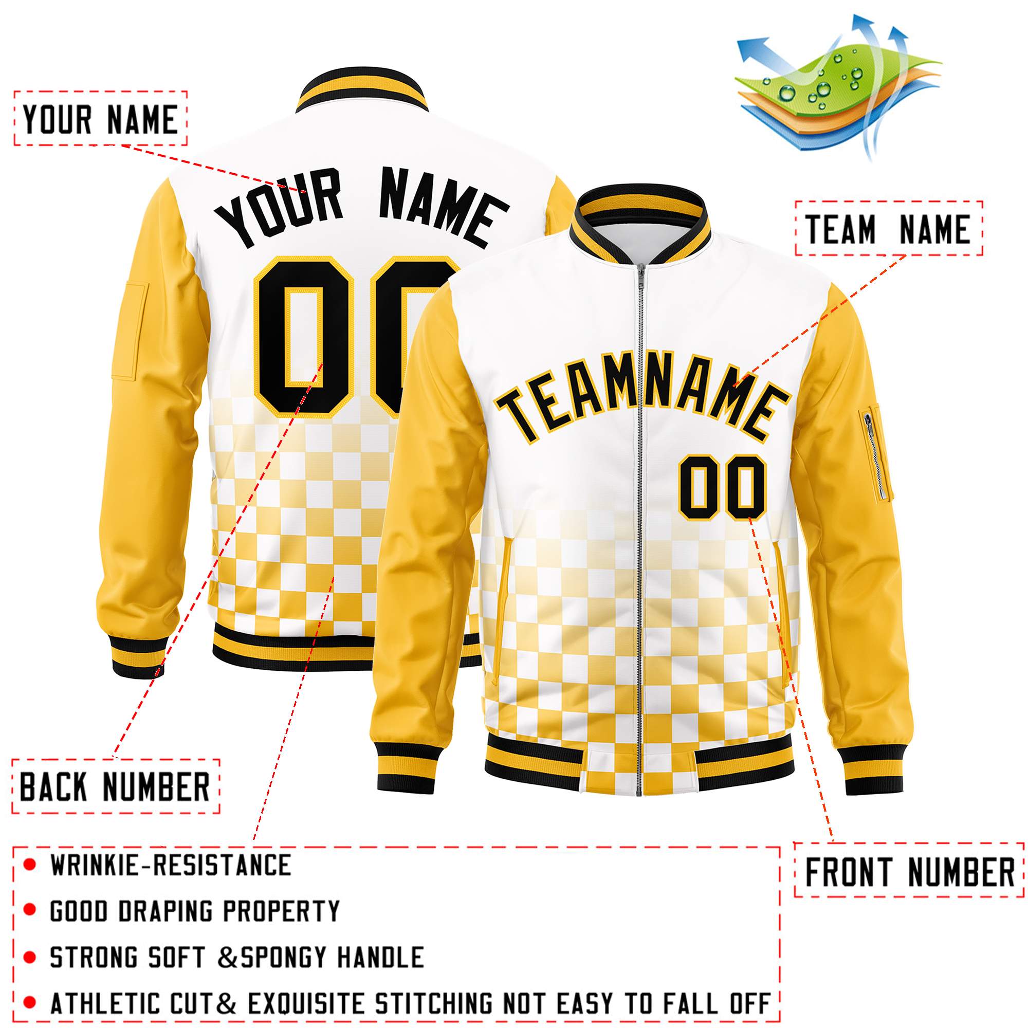 Custom White Black-Gold Grid Varsity Full-Zip Color Block Letterman Raglan Sleeve Jacket