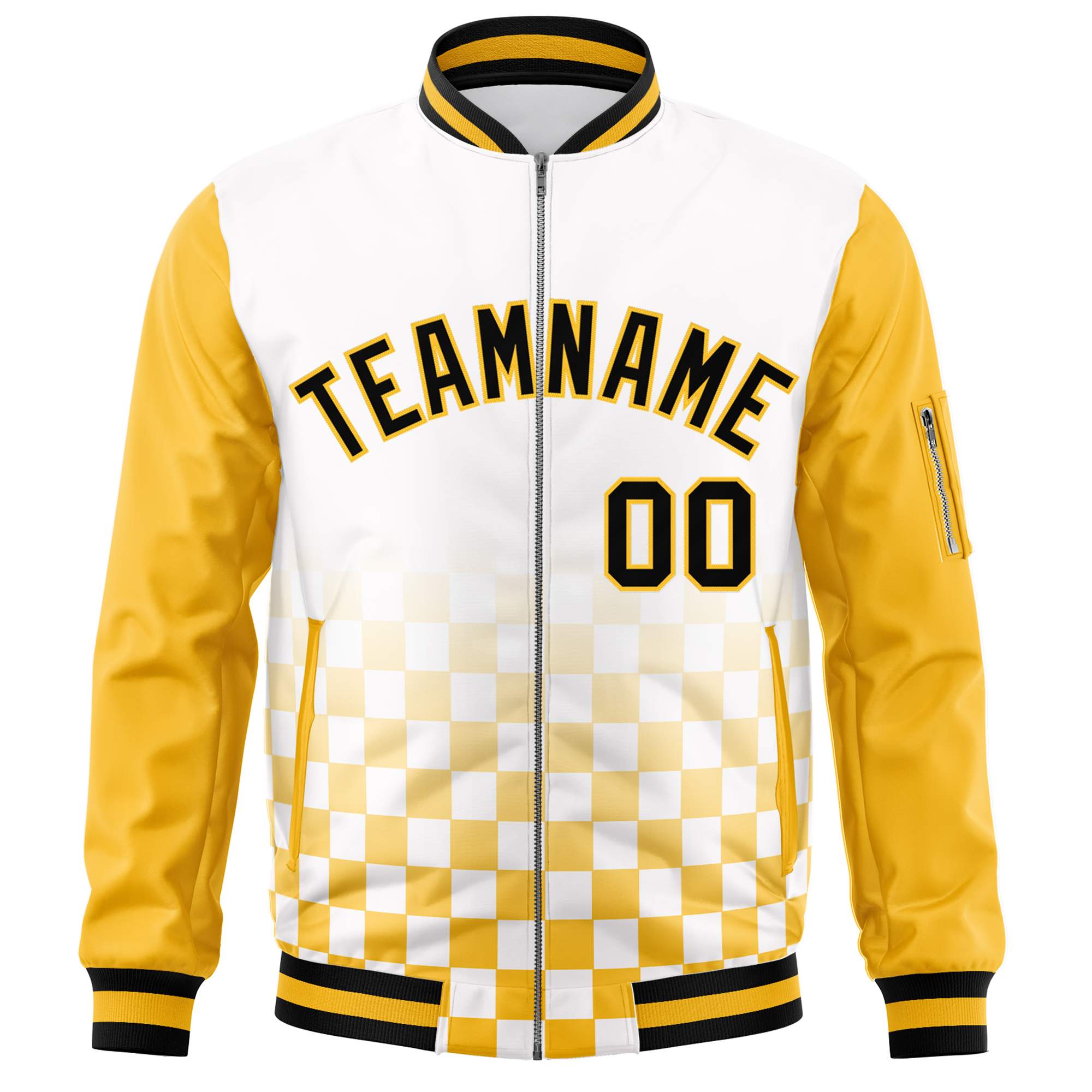 Custom White Black-Gold Grid Varsity Full-Zip Color Block Letterman Raglan Sleeve Jacket