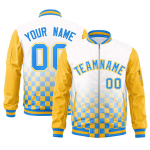 Custom White Powder Blue-Gold Grid Varsity Full-Zip Color Block Letterman Raglan Sleeve Jacket