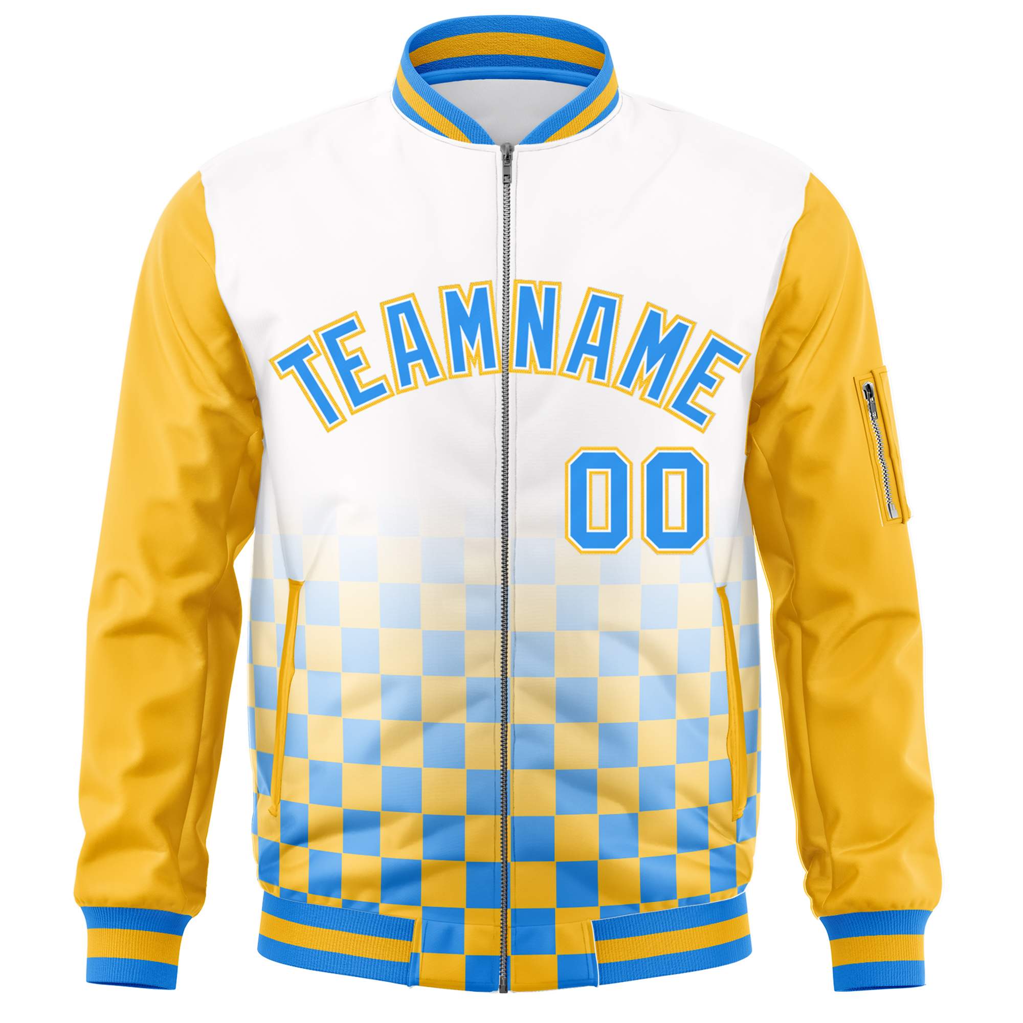 Custom White Powder Blue-Gold Grid Varsity Full-Zip Color Block Letterman Raglan Sleeve Jacket