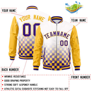 Custom White Purple-Gold Grid Varsity Full-Zip Color Block Letterman Raglan Sleeve Jacket