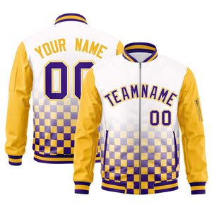 Custom White Purple-Gold Grid Varsity Full-Zip Color Block Letterman Raglan Sleeve Jacket