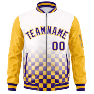 Custom White Purple-Gold Grid Varsity Full-Zip Color Block Letterman Raglan Sleeve Jacket