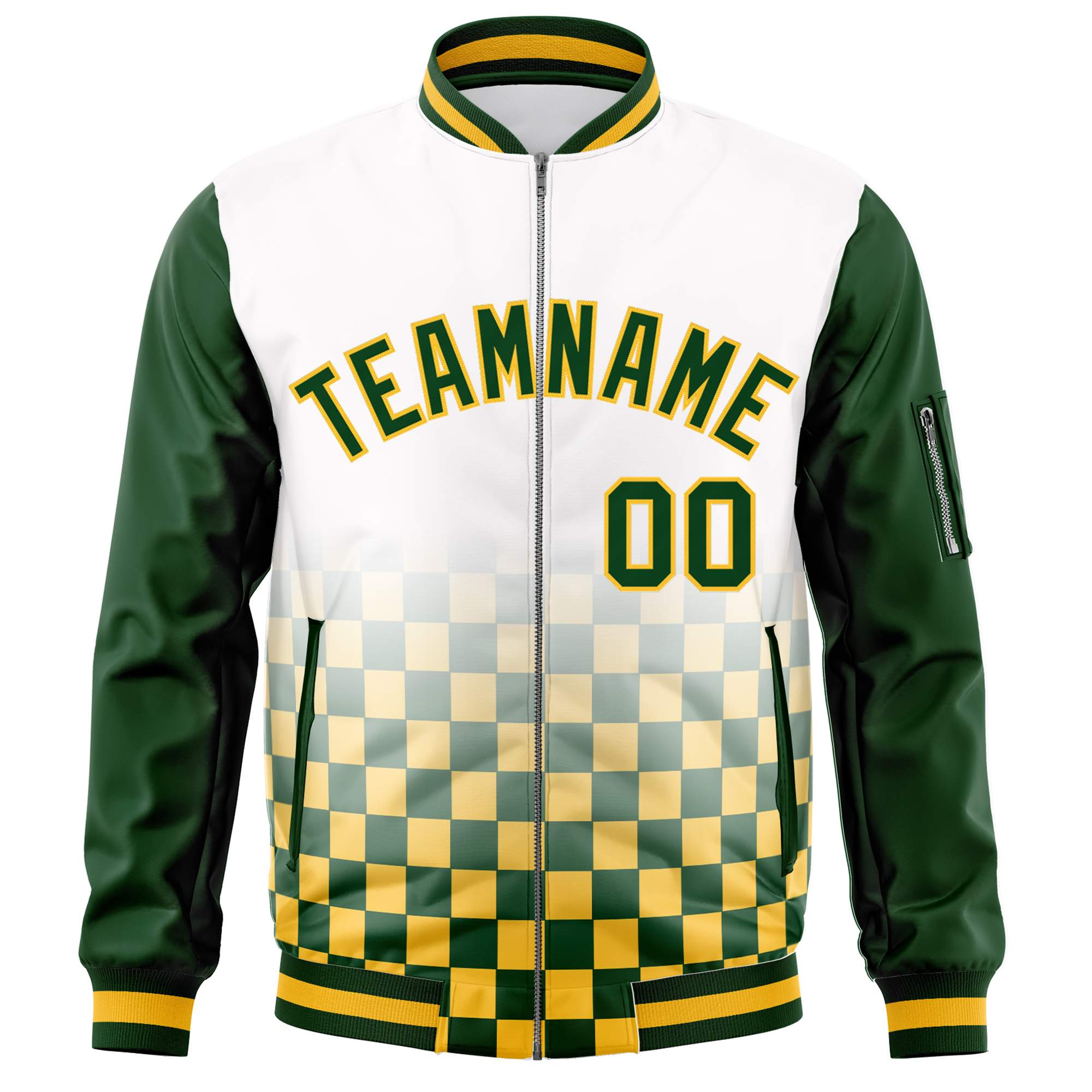 Custom White Green-Gold Grid Varsity Full-Zip Color Block Letterman Raglan Sleeve Jacket