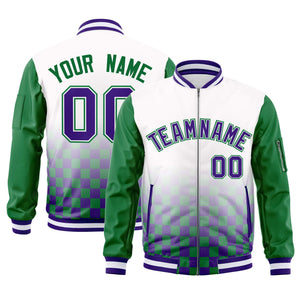 Custom White Purple-Kelly Green Grid Varsity Full-Zip Color Block Letterman Raglan Sleeve Jacket