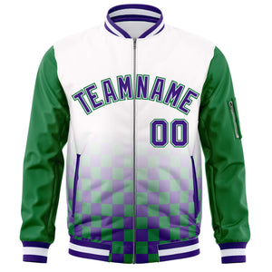 Custom White Purple-Kelly Green Grid Varsity Full-Zip Color Block Letterman Raglan Sleeve Jacket