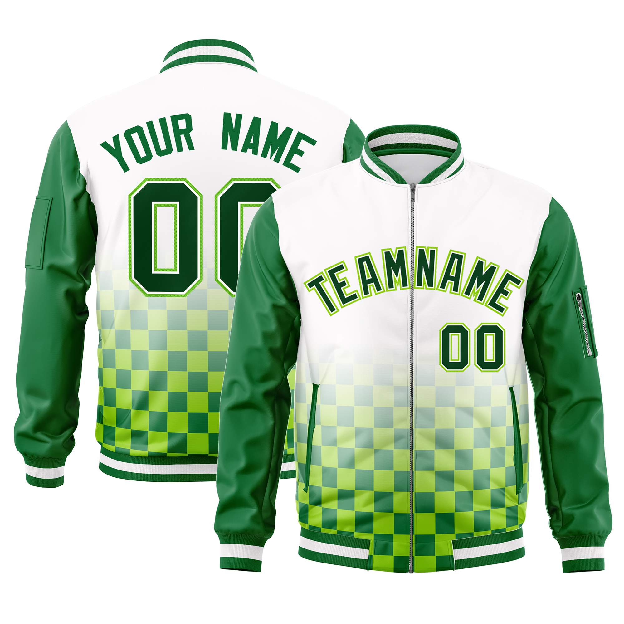 Custom White Green Grid Varsity Full-Zip Color Block Letterman Raglan Sleeve Jacket