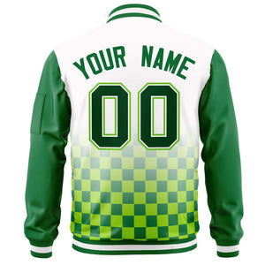 Custom White Green Grid Varsity Full-Zip Color Block Letterman Raglan Sleeve Jacket