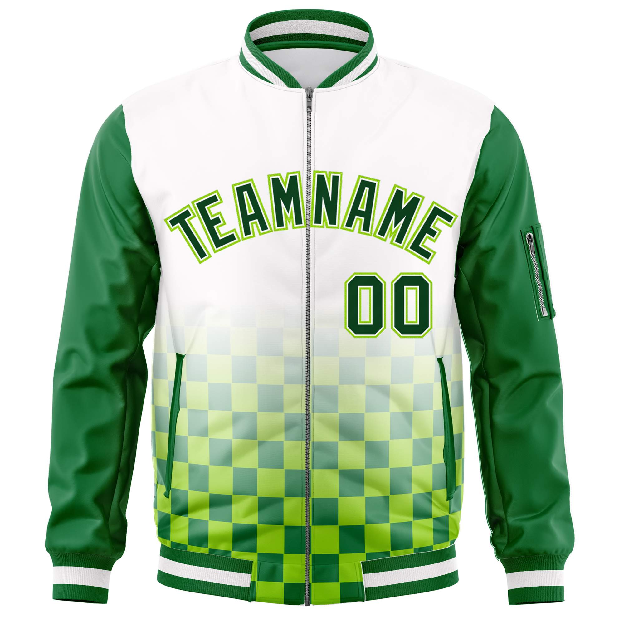 Custom White Green Grid Varsity Full-Zip Color Block Letterman Raglan Sleeve Jacket