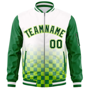 Custom White Green Grid Varsity Full-Zip Color Block Letterman Raglan Sleeve Jacket