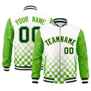 Custom White Green Grid Varsity Full-Zip Color Block Letterman Raglan Sleeve Jacket