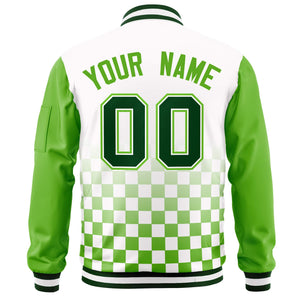 Custom White Green Grid Varsity Full-Zip Color Block Letterman Raglan Sleeve Jacket