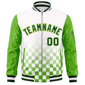 Custom White Green Grid Varsity Full-Zip Color Block Letterman Raglan Sleeve Jacket