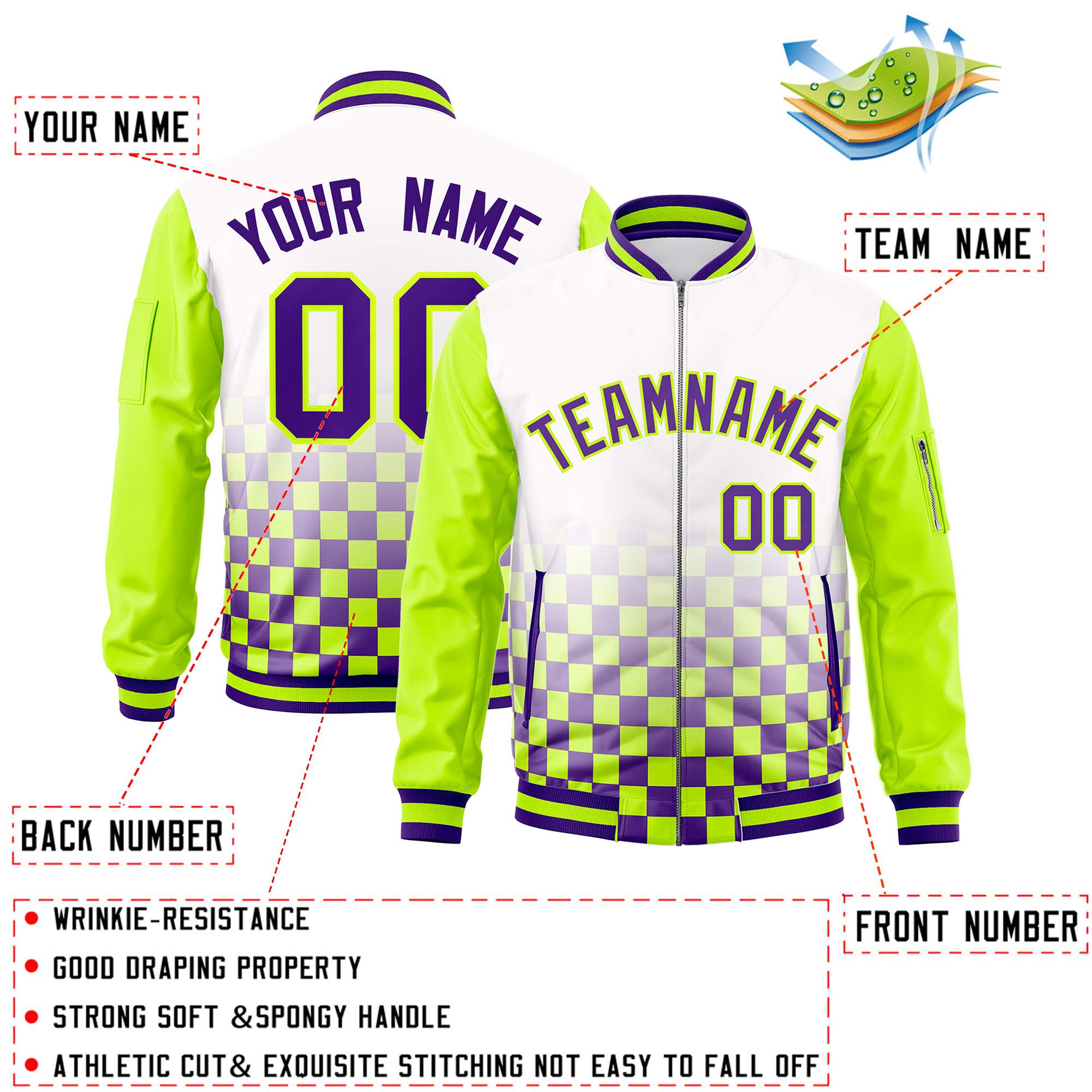 Custom White Purple-Neon Green Grid Varsity Full-Zip Color Block Letterman Raglan Sleeve Jacket