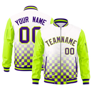 Custom White Purple-Neon Green Grid Varsity Full-Zip Color Block Letterman Raglan Sleeve Jacket