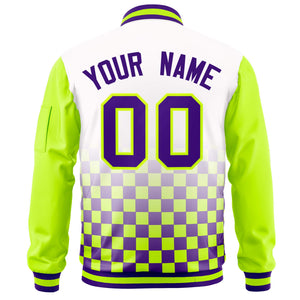 Custom White Purple-Neon Green Grid Varsity Full-Zip Color Block Letterman Raglan Sleeve Jacket