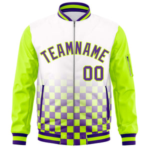 Custom White Purple-Neon Green Grid Varsity Full-Zip Color Block Letterman Raglan Sleeve Jacket