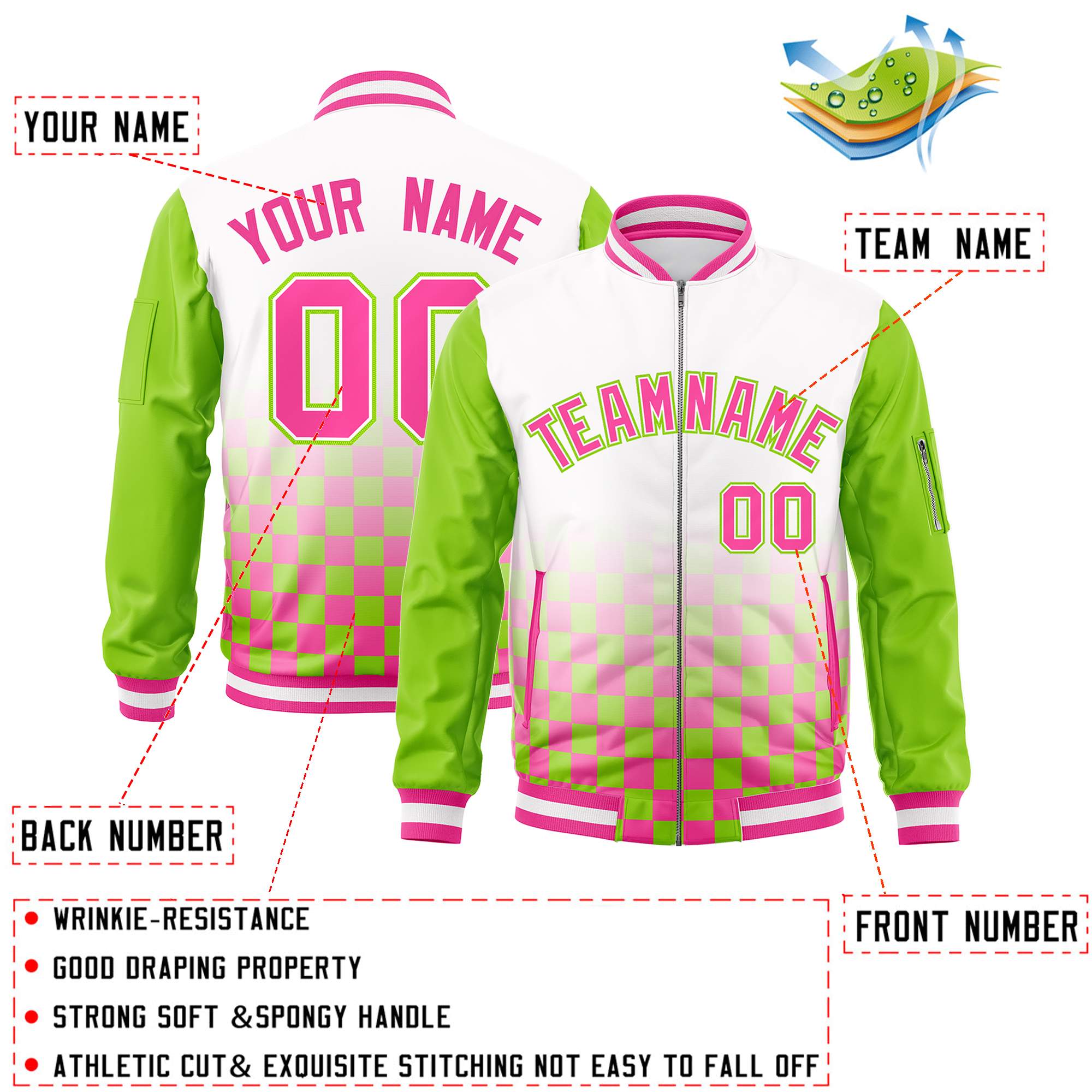 Custom White Pink-Neon Green Grid Varsity Full-Zip Color Block Letterman Raglan Sleeve Jacket