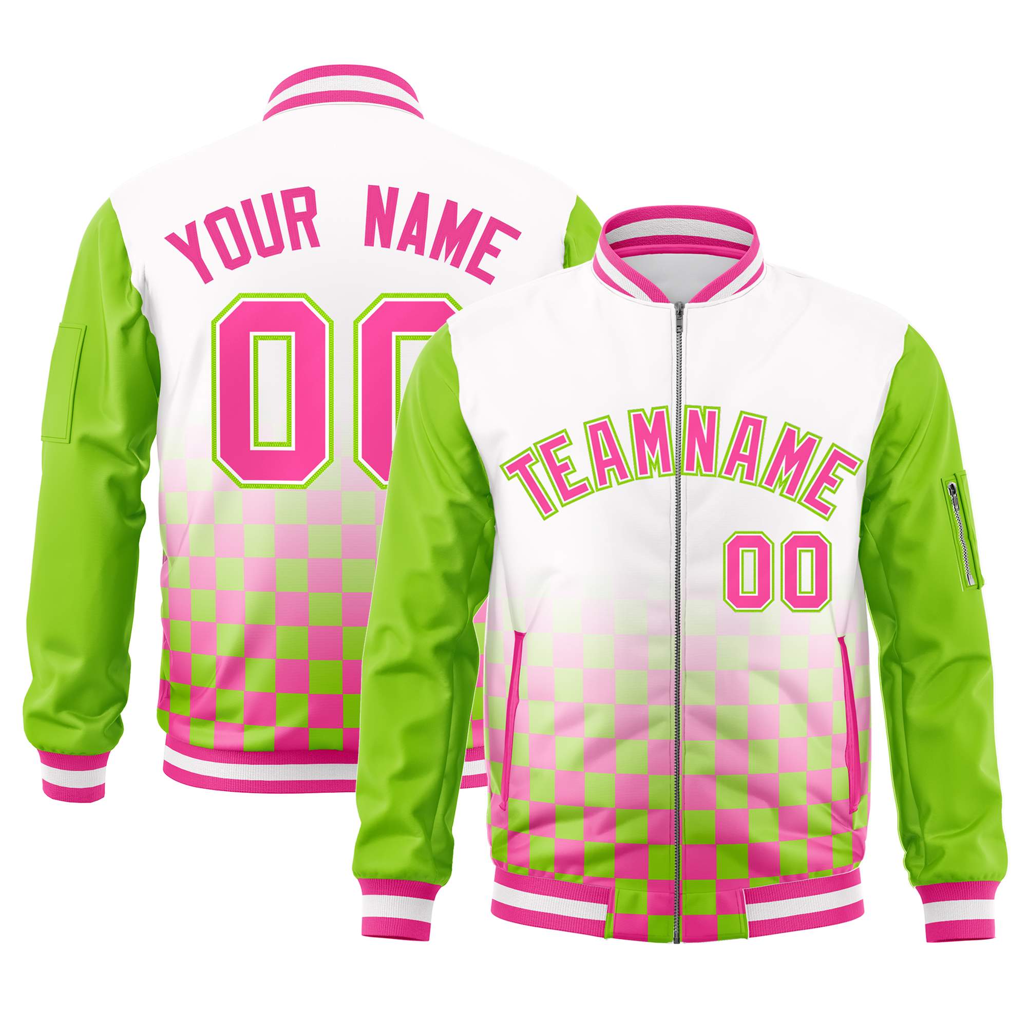 Custom White Pink-Neon Green Grid Varsity Full-Zip Color Block Letterman Raglan Sleeve Jacket