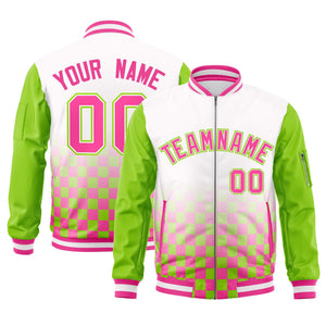 Custom White Pink-Neon Green Grid Varsity Full-Zip Color Block Letterman Raglan Sleeve Jacket