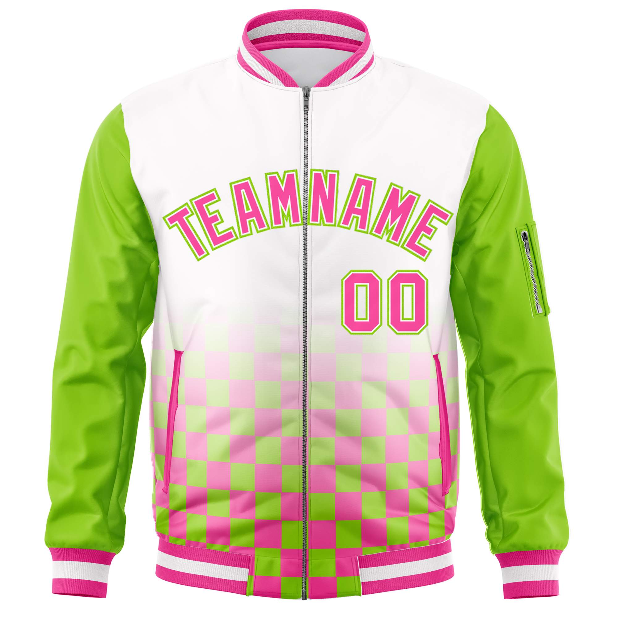 Custom White Pink-Neon Green Grid Varsity Full-Zip Color Block Letterman Raglan Sleeve Jacket