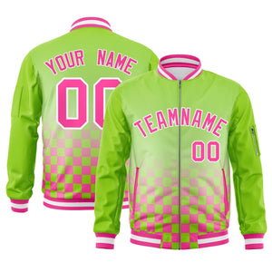 Custom Neon Green Pink-White Grid Varsity Full-Zip Color Block Letterman Raglan Sleeve Jacket