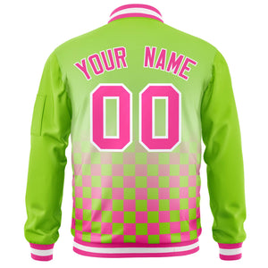 Custom Neon Green Pink-White Grid Varsity Full-Zip Color Block Letterman Raglan Sleeve Jacket