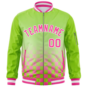 Custom Neon Green Pink-White Grid Varsity Full-Zip Color Block Letterman Raglan Sleeve Jacket