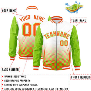 Custom White Orange-Neon Green Grid Varsity Full-Zip Color Block Letterman Raglan Sleeve Jacket