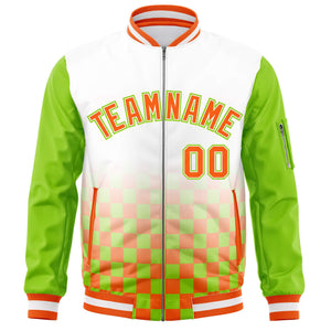 Custom White Orange-Neon Green Grid Varsity Full-Zip Color Block Letterman Raglan Sleeve Jacket