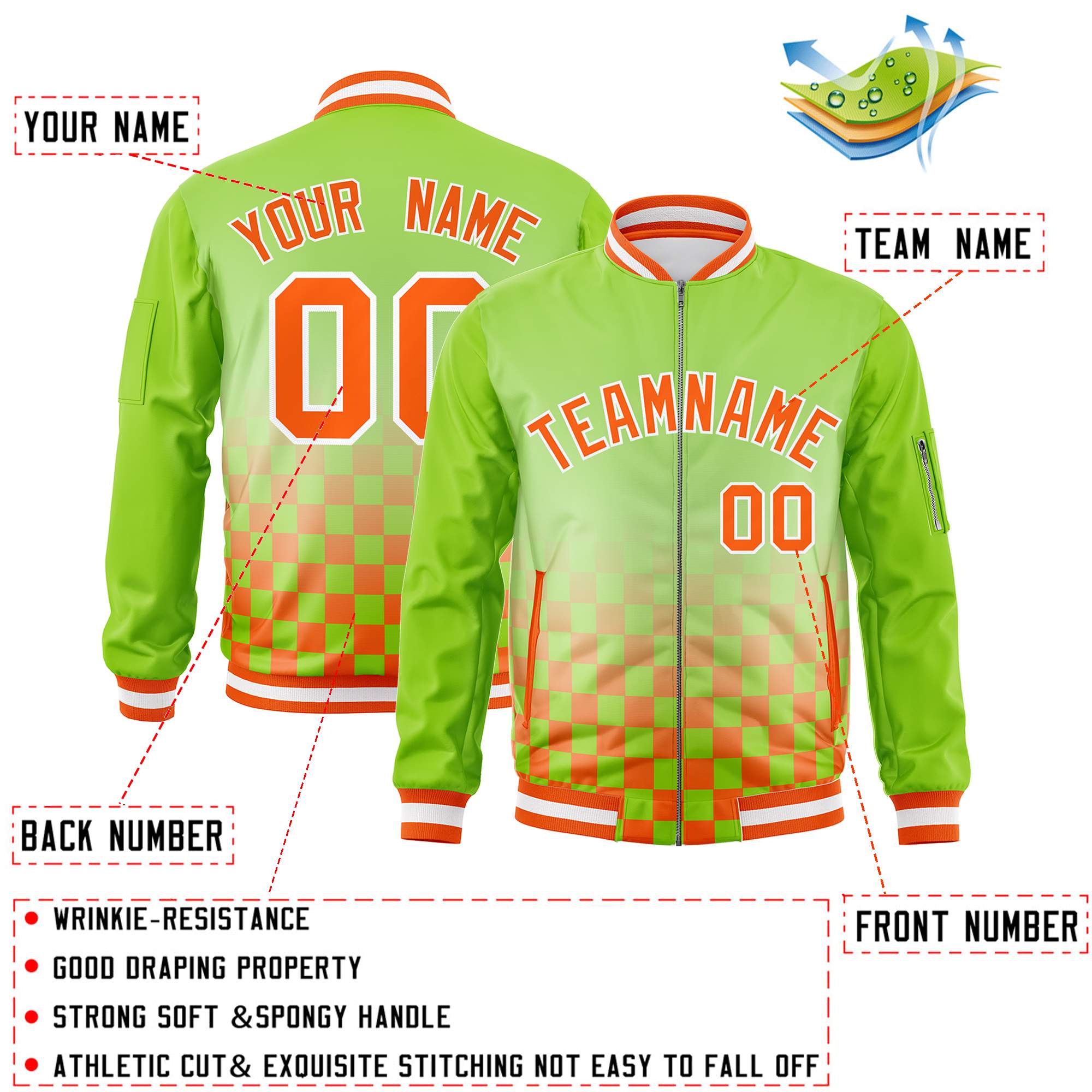 Custom Neon Green Orange-White Grid Varsity Full-Zip Color Block Letterman Bomber Jacket