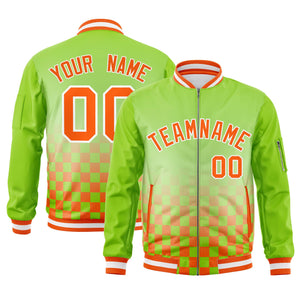 Custom Neon Green Orange-White Grid Varsity Full-Zip Color Block Letterman Bomber Jacket