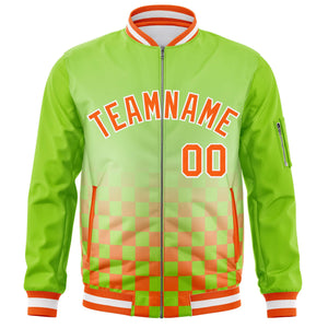 Custom Neon Green Orange-White Grid Varsity Full-Zip Color Block Letterman Bomber Jacket