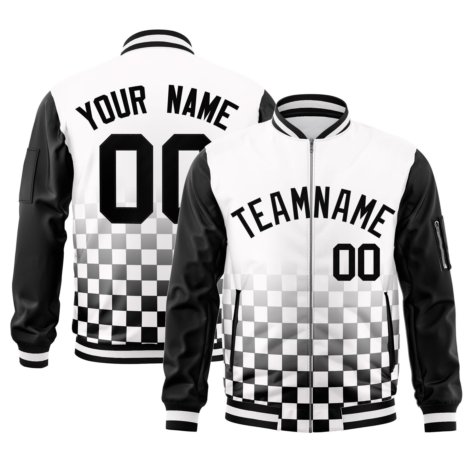 Custom White Black Grid Varsity Full-Zip Color Block Letterman Raglan Sleeve Jacket