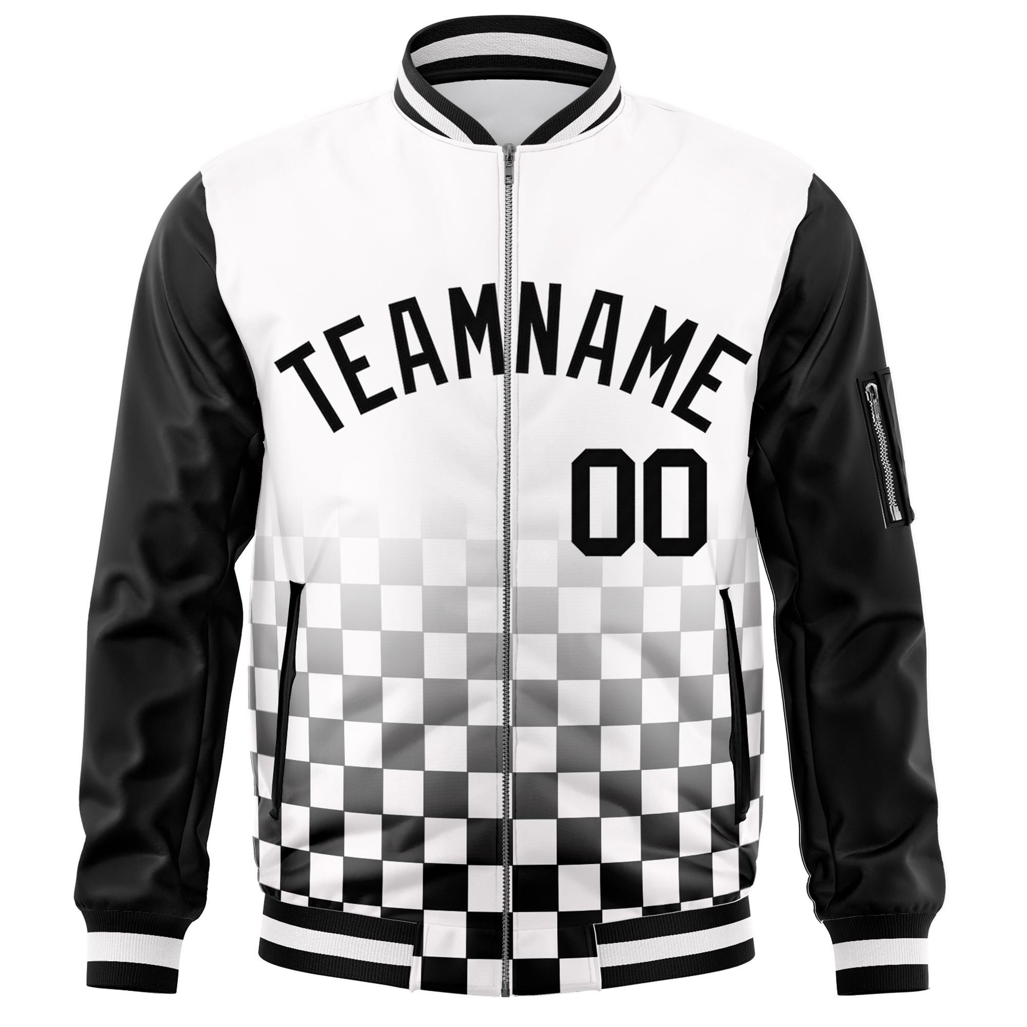 Custom White Black Grid Varsity Full-Zip Color Block Letterman Raglan Sleeve Jacket