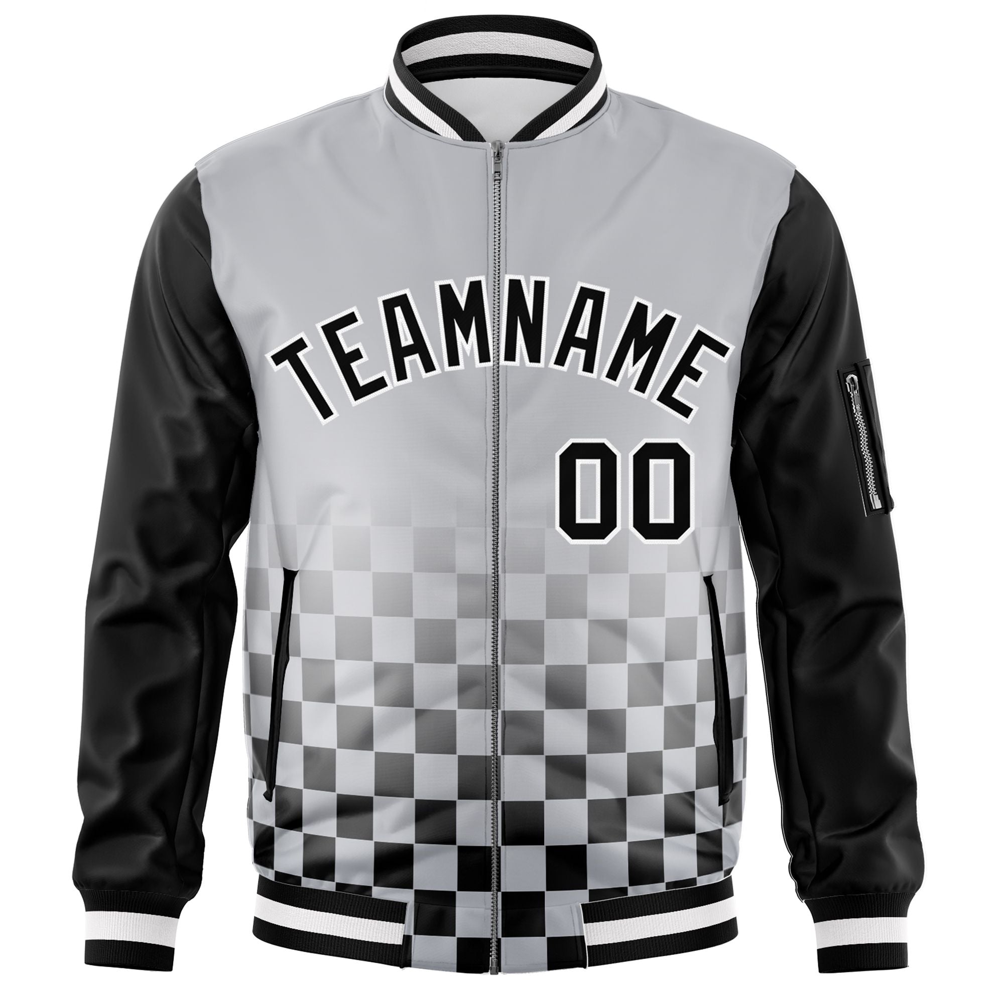 Custom Gray Black-White Grid Varsity Full-Zip Color Block Letterman Raglan Sleeve Jacket