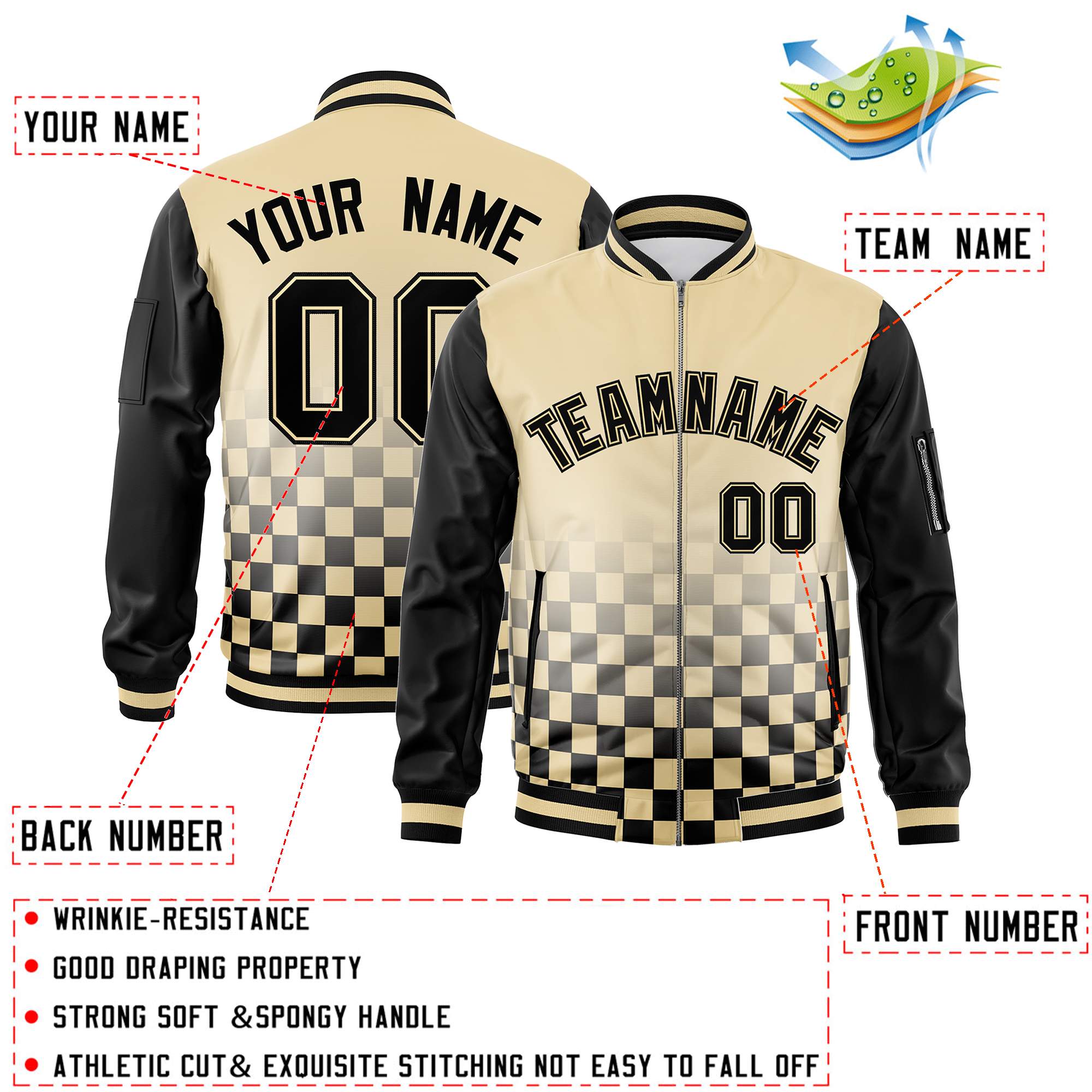 Custom Khaki Black Grid Varsity Full-Zip Color Block Letterman Raglan Sleeve Jacket