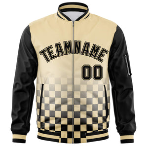 Custom Khaki Black Grid Varsity Full-Zip Color Block Letterman Raglan Sleeve Jacket