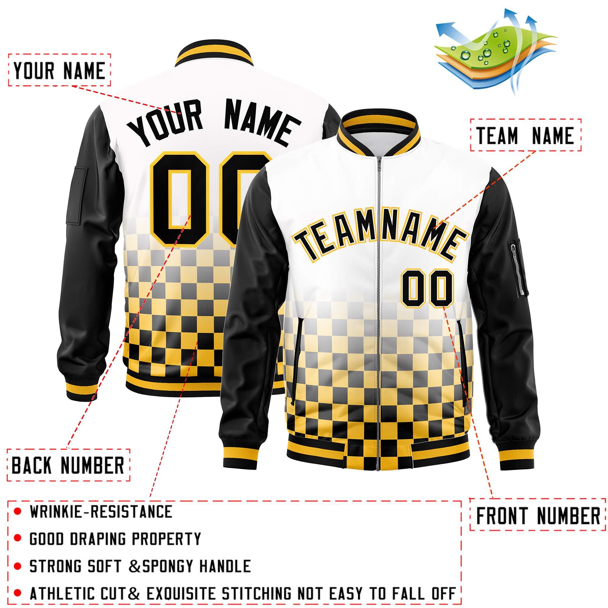 Custom White Black-Gold Grid Varsity Full-Zip Color Block Letterman Raglan Sleeve Jacket