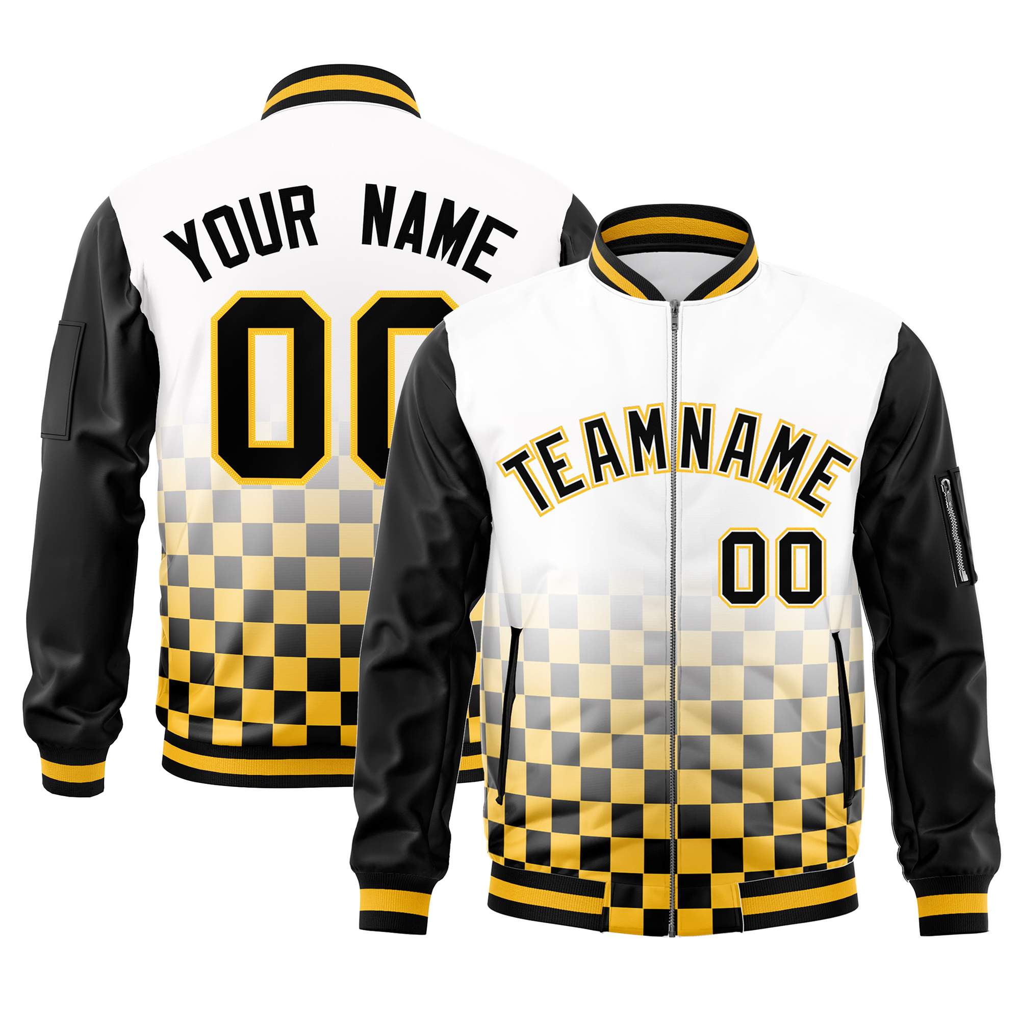 Custom White Black-Gold Grid Varsity Full-Zip Color Block Letterman Raglan Sleeve Jacket