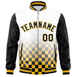 Custom White Black-Gold Grid Varsity Full-Zip Color Block Letterman Raglan Sleeve Jacket