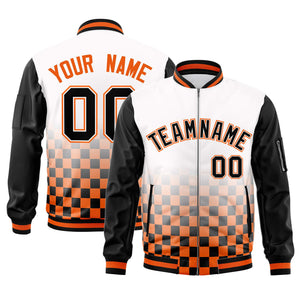 Custom White Black-Orange Grid Varsity Full-Zip Color Block Letterman Raglan Sleeve Jacket