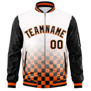 Custom White Black-Orange Grid Varsity Full-Zip Color Block Letterman Raglan Sleeve Jacket